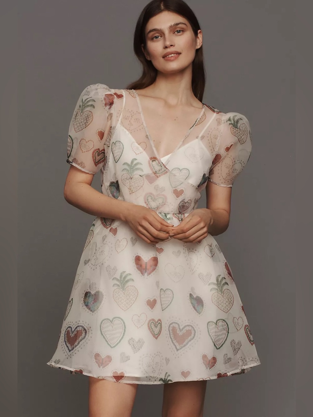 FARM Rio Semi-Sheer Puff-Sleeve Mini Dress XS